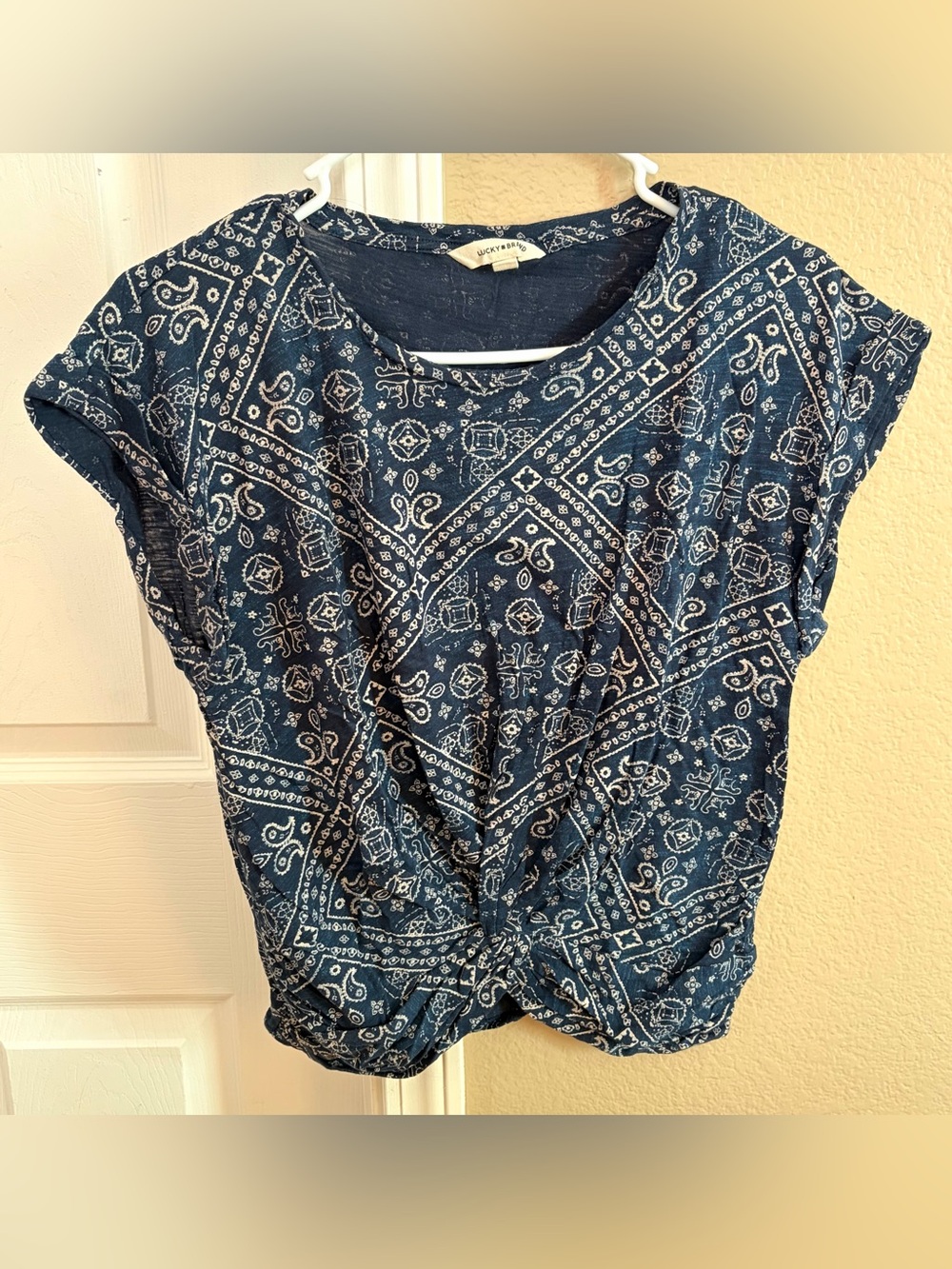 Lucky Brand Navy Blue Bandana-Print Short Sleeve Tie-Front Top